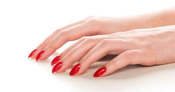 Manos Femeninas Con Manicura Roja Sobre Blanco — Foto de Stock