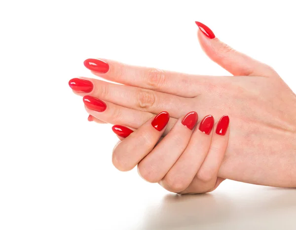 Mãos Femininas Com Manicure Vermelho Branco — Fotografia de Stock