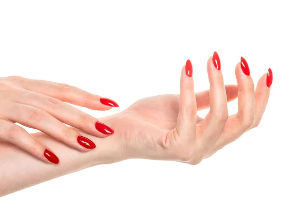 Γυναικεία Χέρια Κόκκινο Μανικιούρ Άσπρο — Φωτογραφία Αρχείου