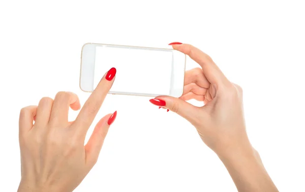 Isolated Female Hand Holding Phone White Screen — Stock Photo, Image