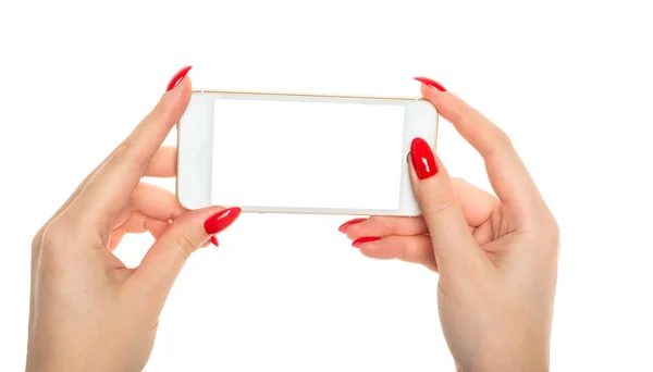 Geïsoleerde Vrouwelijke Hand Met Een Telefoon Met Wit Scherm — Stockfoto