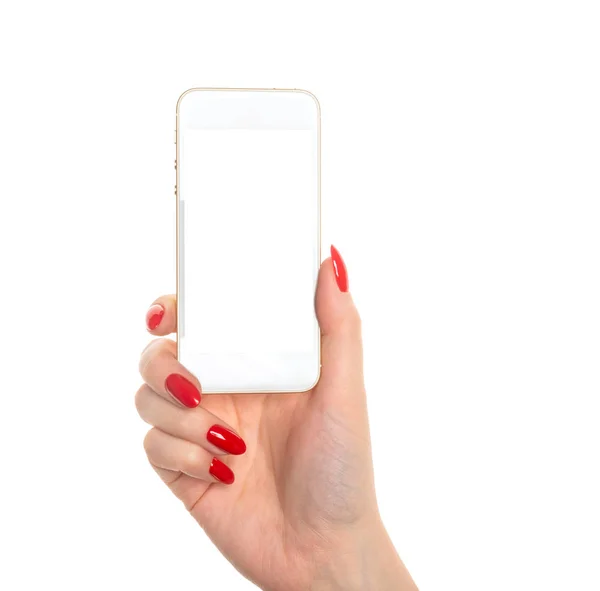 Isolated Female Hand Holding Phone White Screen — Stock Photo, Image