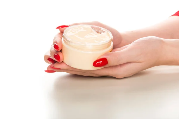 Female Hands Jar Cream White — Stock Photo, Image