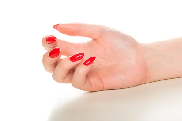 Manos Mujer Con Uñas Rojas Cuidadas Aisladas Sobre Fondo Blanco — Foto de Stock