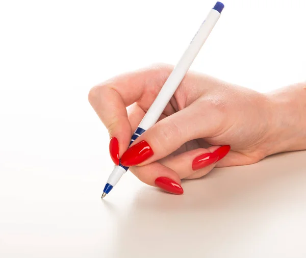 Mooie Vrouwelijke Hand Dicht Nails Omhoog Met Rode Manicure Schrijven — Stockfoto