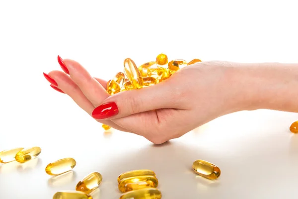 Vitamin Omega Fish Oil Capsules Hand — Stock Photo, Image