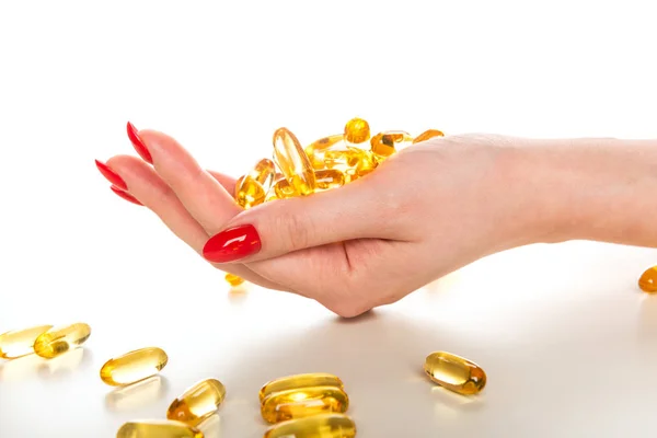 Vitamina Omega Cápsulas Óleo Peixe Uma Mão — Fotografia de Stock
