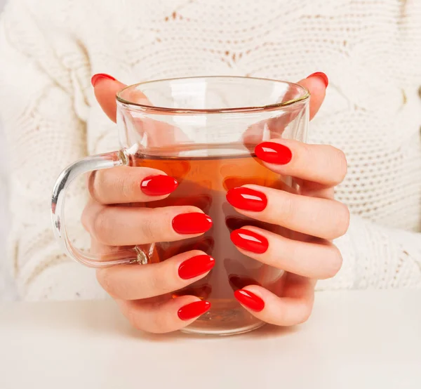 Female Hands Holding Transparent Cup Hot Tea Beautiful Red Manicure — Stock Photo, Image