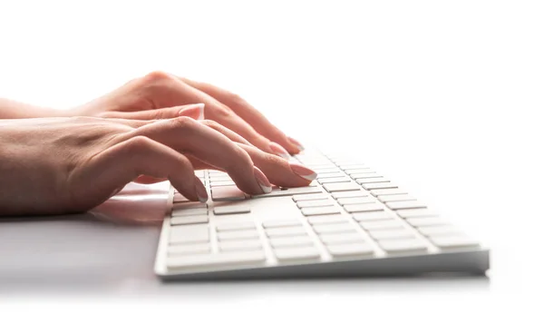 Hand touch the white keyboard — Stock Photo, Image
