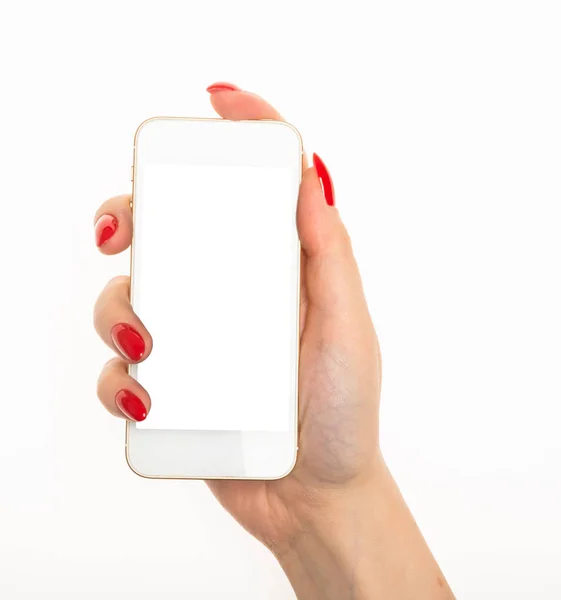 Hand holding a phone with white scree — Stock Photo, Image