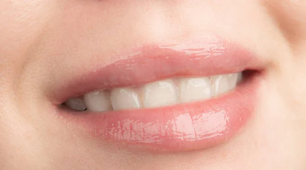 Smiling woman mouth with great teet — Stock Photo, Image