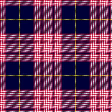 Glen veya houndstooth ekose desenli. Fabrick seamless modeli denetleyin. Derin mavi alan üzerinde kırmızı, beyaz, yeşil süs. Yüksek kaliteli kesin seamless modeli