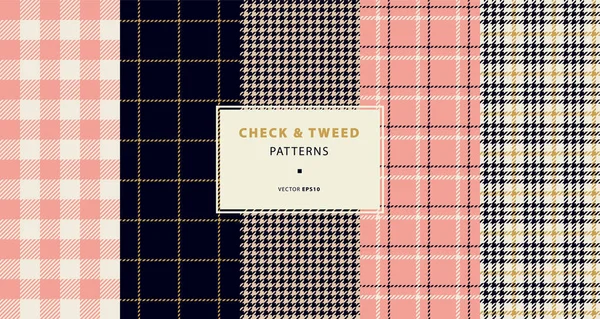 Comprobar Tweed Patrones Sin Costura Conjunto Con Oro Rosa Patrones — Archivo Imágenes Vectoriales