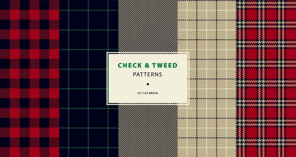 Comprobar Tweed Patrones Sin Costura Establecidos Rojo Negro Beige Patrones — Archivo Imágenes Vectoriales