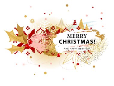 Noel kartı holly kırmızı, pembe ve altın ile