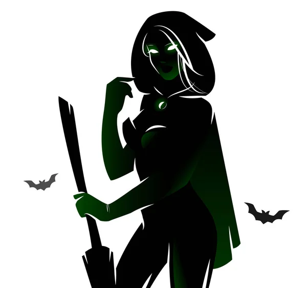 Witch Holding Broom Halloween Character Silhouette — Stock Vector