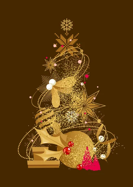 Árvore Natal Feita Belos Elementos Decorativos Brilhantes Estrelas Douradas Showflakes —  Vetores de Stock