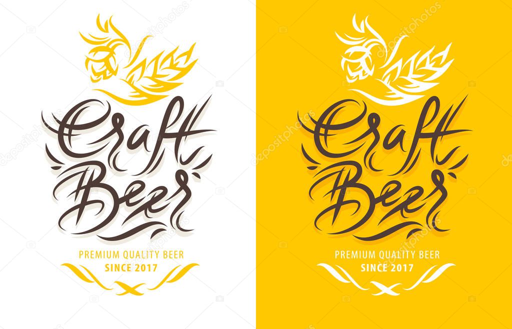 Craft beer, calligraphic label with hops and wheat in traditional style