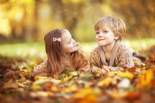 Gemelos divertidos en el parque de otoño — Foto de Stock