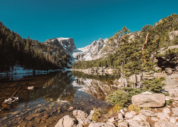 Dream Lake Reflection Mountains Snow Autumn Rocky Mountain National Park — Stock Photo, Image