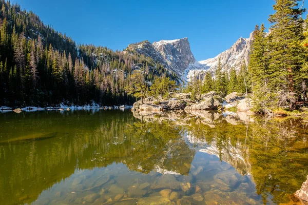 Dream Lake Reflection Mountains Snow Autumn Rocky Mountain National Park — Stock Photo, Image