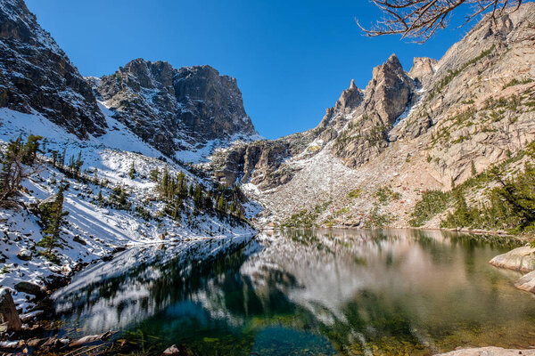 Emerald Lake and reflection with rocks and mountains in snow around at autumn. Rocky Mountain National Park in Colorado, USA. 