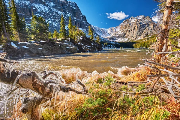 Loch Lake Rocks Mountains Snow Autumn Icicles Trees Created Wind — Stock Photo, Image