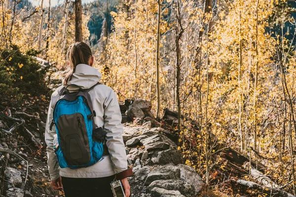 Femme Touriste Marchant Sur Sentier Dans Tremblaie Automne Dans Parc — Photo