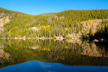Bear Lake ve yansıması ile dağlarda kar sonbahar. Rocky Dağı Milli Parkı, Colorado, ABD. 