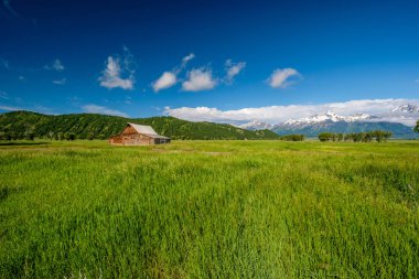 Alçak bulutlar ile eski mormon ahır Grand Teton Dağları'nda. Grand Teton Milli Parkı, Wyoming, ABD.