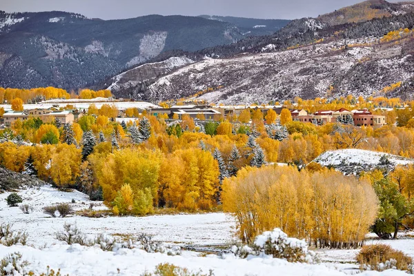シーズン最初の雪と秋の木を変更します ロッキー山脈 コロラド州 — ストック写真