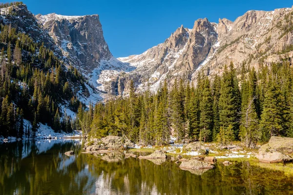 Dream Lake Reflection Snow Covered Mountains Autumn Rocky Mountain National — Stock Photo, Image