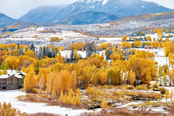 ロッキー山脈 コロラド州 アメリカで最初の雪と秋の木の住宅街 — ストック写真