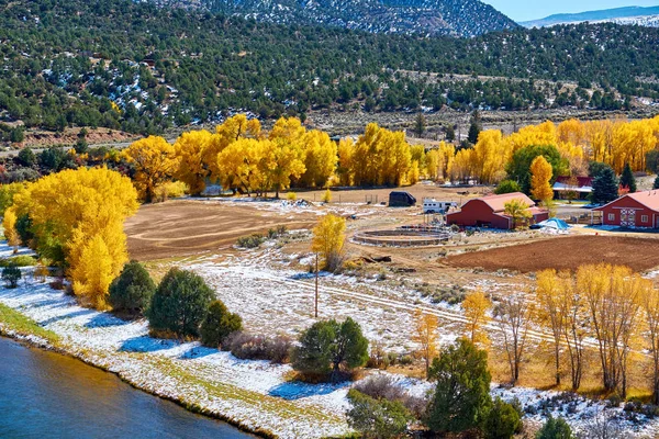 Woonwijk Met Eerste Sneeuw Herfst Bomen Rocky Mountains Colorado Usa — Stockfoto