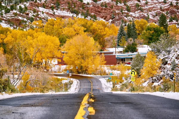 Prima Neve Alberi Autunnali Lungo Autostrada Bagnata Colorado Usa — Foto Stock