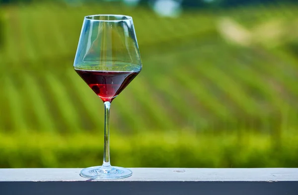 Γευσιγνωσία Κρασιών Στην Καλιφόρνια Ποτήρι Κόκκινου Κρασιού Και Αμπελώνες Φόντο — Φωτογραφία Αρχείου