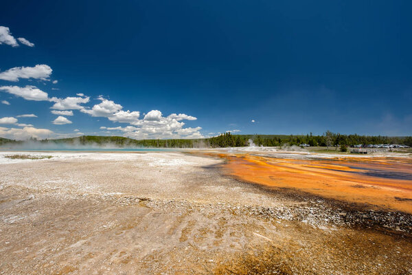 Hot thermal springs Rainbow Pool in Yellowstone National Park, Wyoming, USA