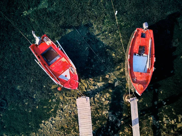 Muelle Madera Con Barcos Pesca Vista Aérea Drone Shot Sithonia —  Fotos de Stock