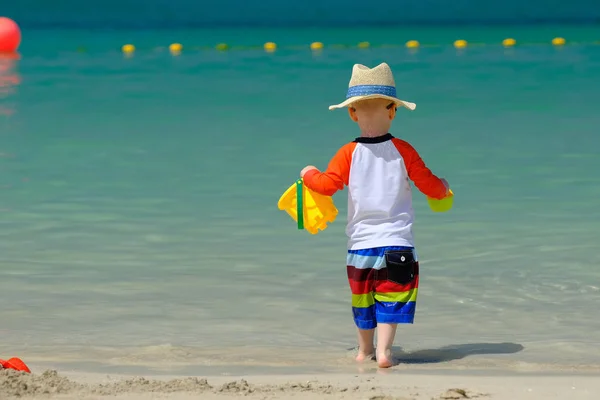 Two Year Old Toddler Boy Playing Beach Toys Water — Stock Photo, Image