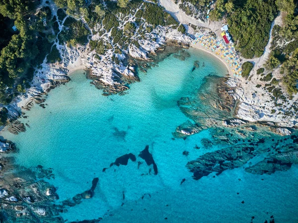 Aerial View Beautiful Beach Rocky Coastline Sithonia Greece — Stock Photo, Image