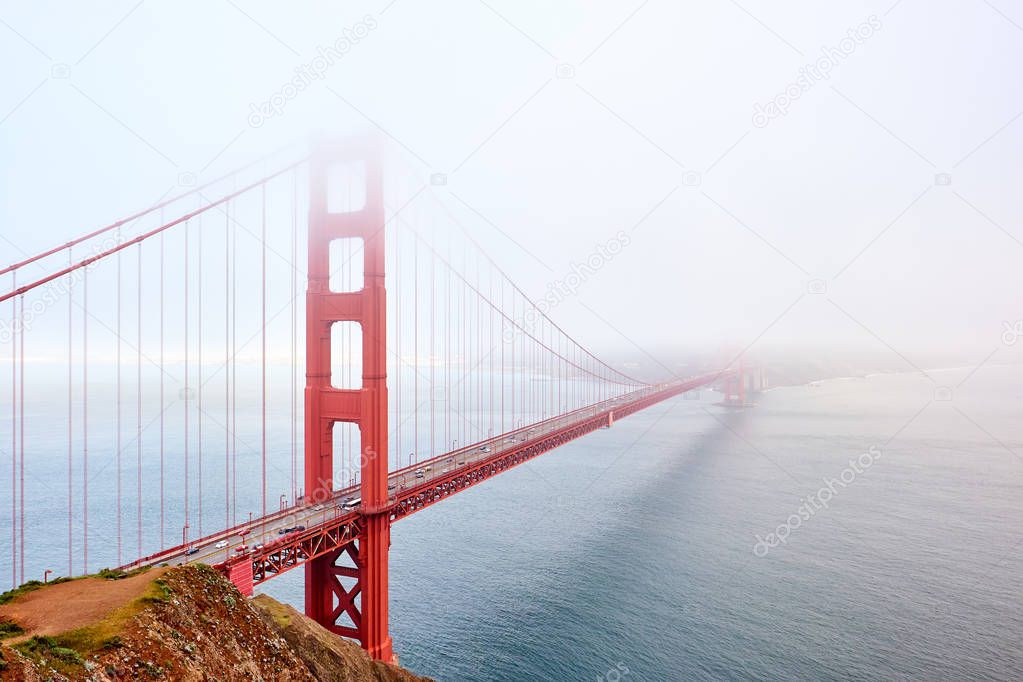 View of Golden Gate Bridge construction, San Francisco, California, USA