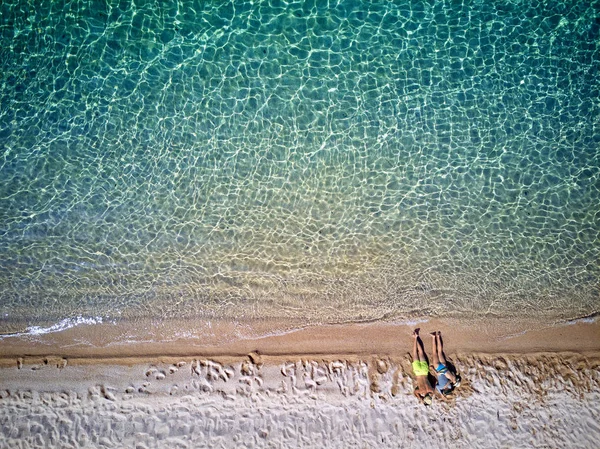 Ovanifrån Vacker Strand Med Familj Sithonia Grekland — Stockfoto