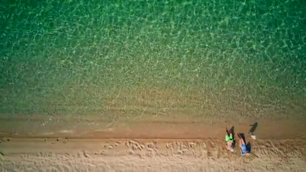 Vacker Strand Med Familj Översta Flygfoto Drone Skott Sithonia Grekland — Stockvideo