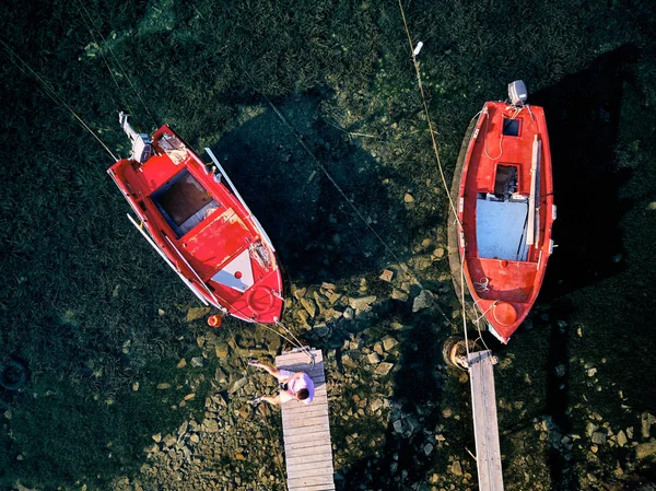Man Wooden Pier Fishing Boats Top Aerial View Drone Shot — Stock Photo, Image