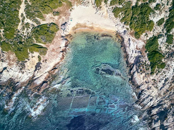 Beautiful Beach Rocky Coastline Top Aerial View Drone Shot Sithonia — Stock Photo, Image