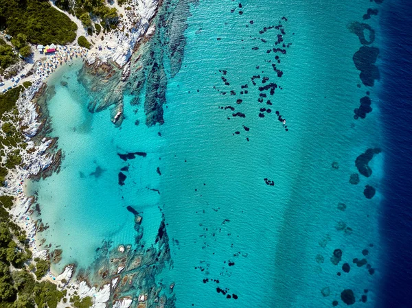 Beautiful Beach Rocky Coastline Top Aerial View Drone Shot Sithonia — Stock Photo, Image