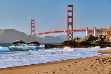 Golden Gate Köprüsü manzarası Baker Beach, San Francisco, California, ABD