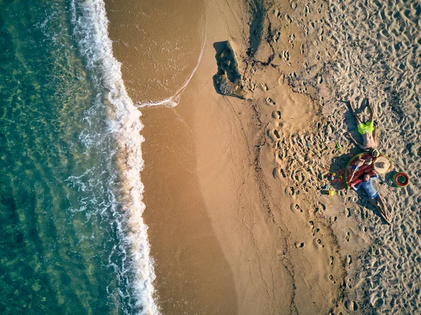 Vackra Sandstrand Översta Flygfoto Från Drone Skott Sithonia Grekland — Stockfoto