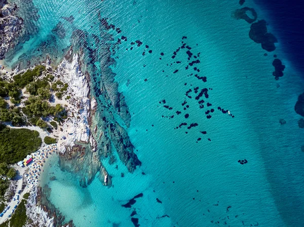 Beautiful Beach Rocky Coastline Top Aerial View Drone Shot Sithonia — Stock Photo, Image