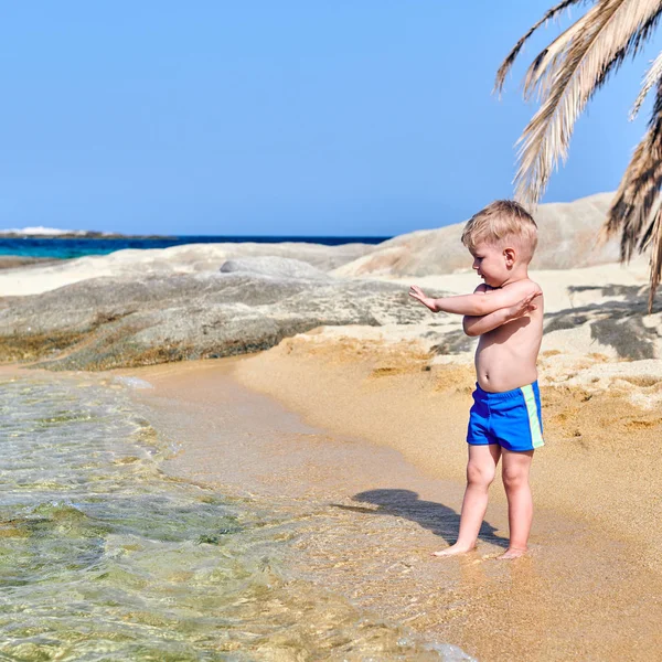 Dois Anos Idade Criança Menino Praia Areia — Fotografia de Stock